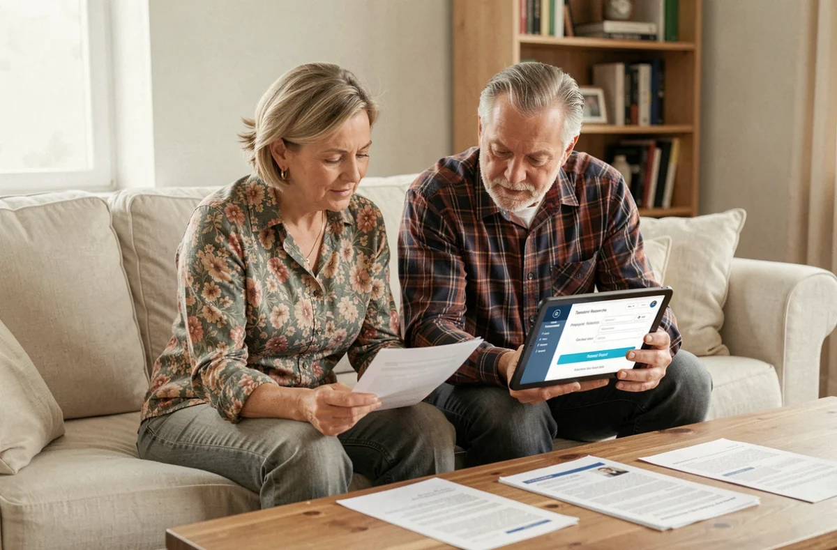 Couple consultant leur espace locataire Foncia sur une tablette dans leur salon pour gérer leur compte en ligne