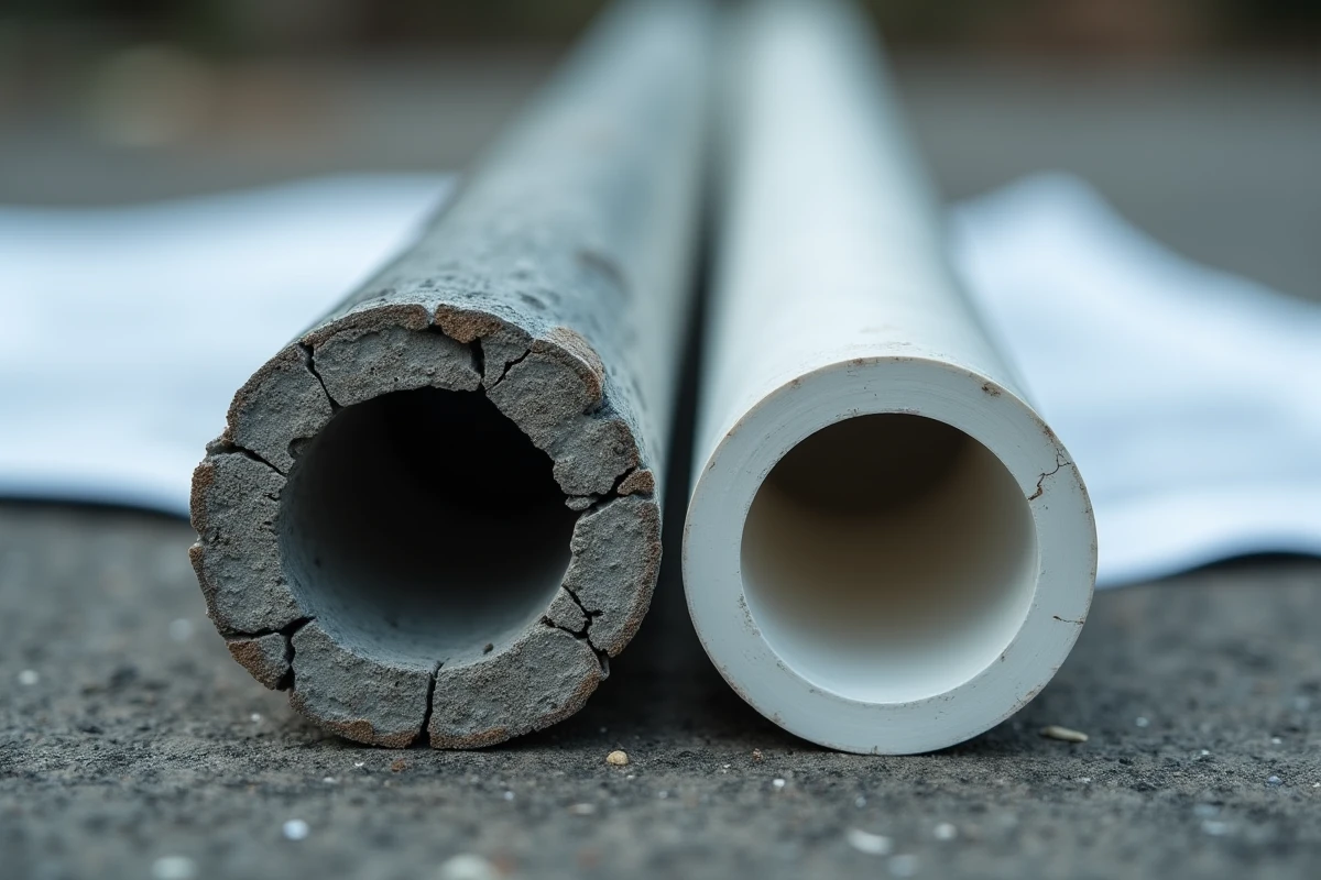 Gros plan comparatif d'une coupe transversale de conduite en fibrociment vieilli et d'une conduite en PVC moderne