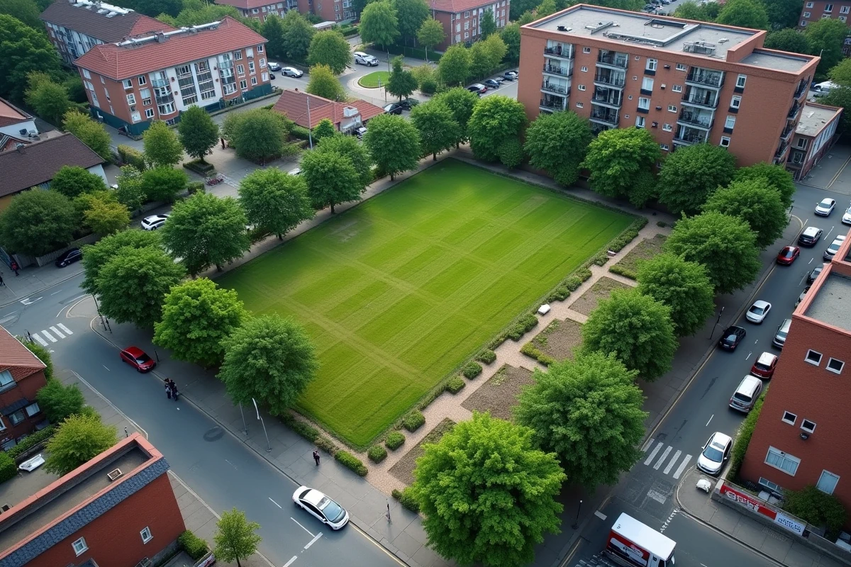 Vue aérienne oblique d'un hectare d'espace vert urbain délimité dans un quartier résidentiel, montrant l'échelle d'un hectare en ville
