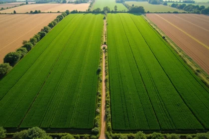 Vue aérienne d'un hectare de champ agricole vu du dessus, délimité par une clôture en bois et entouré de terres cultivées