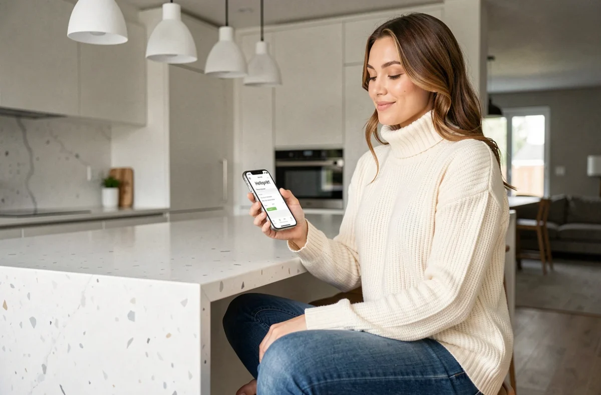 Une femme consulte les offres de prêt immobilier Helloprêt sur son smartphone dans une cuisine moderne et épurée