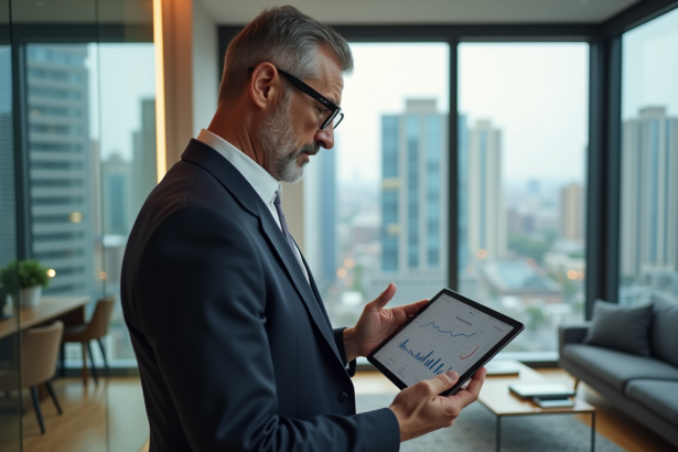 Homme d'affaires en costume avec tablette dans un appartement moderne