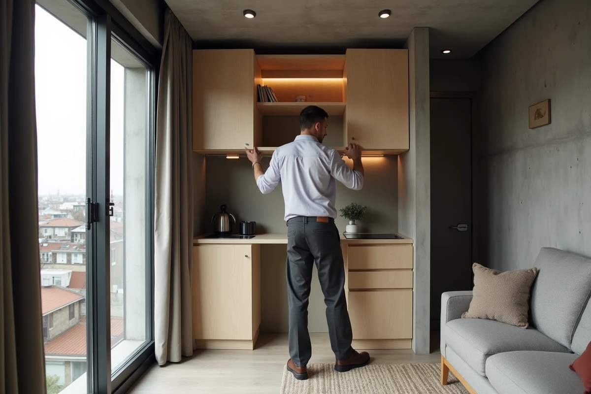 Homme ajustant un panneau coulissant dans une petite cuisine urbaine