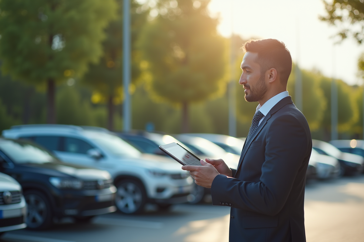 Homme d affaires utilisant une tablette dans un parking extérieur