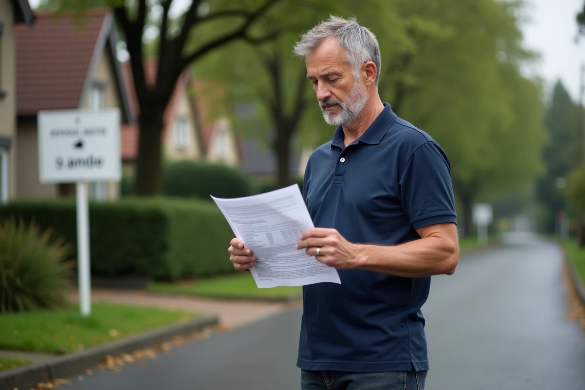Homme analysant un extrait cadastral devant une maison à vendre dans le cadre d'une vérification ERRIAL avant achat