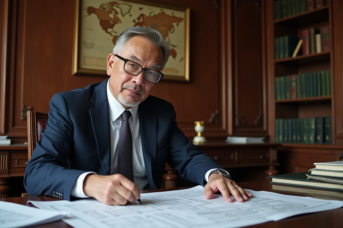 Homme en costume bleu examinant plans d'architecture