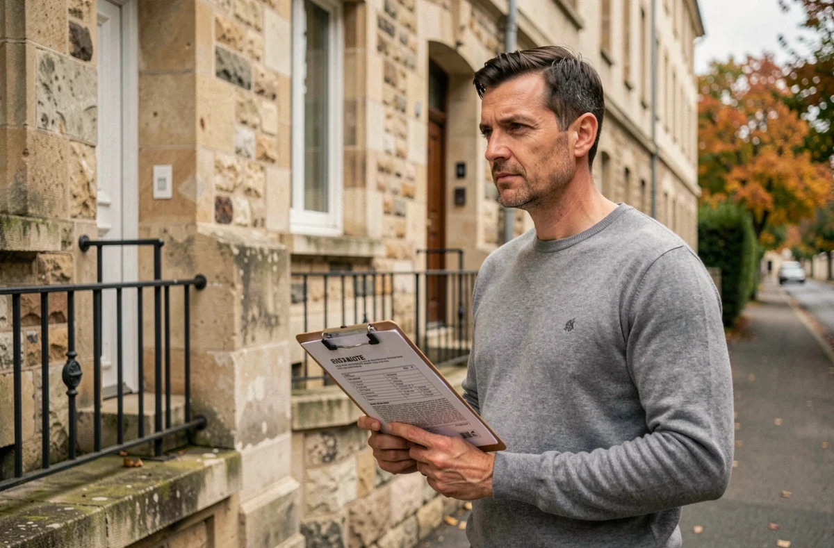 Homme tenant des documents d'assurance habitation devant un immeuble résidentiel français en pierre