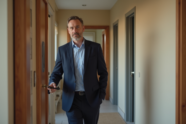 Homme belge en blazer prêt à ouvrir la porte d'un appartement