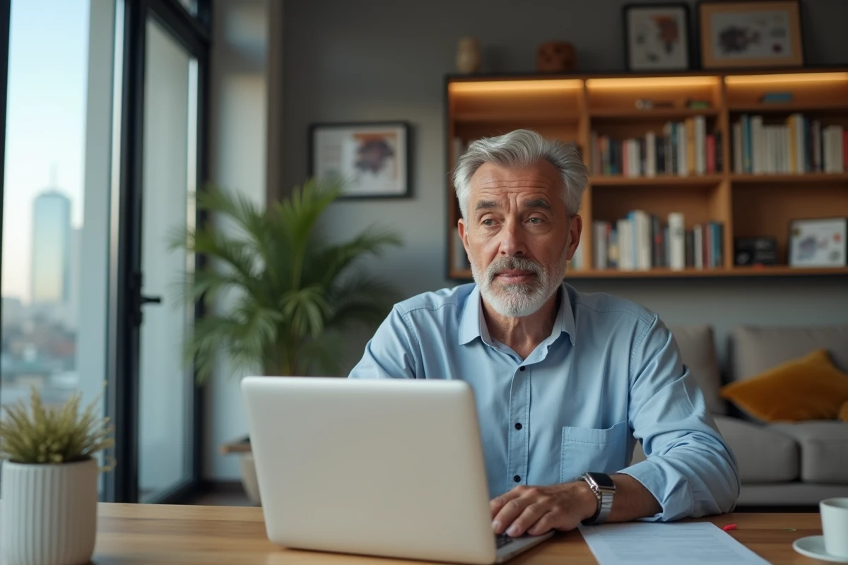 Homme d'affaires en intérieur lisant des avis sur son ordinateur