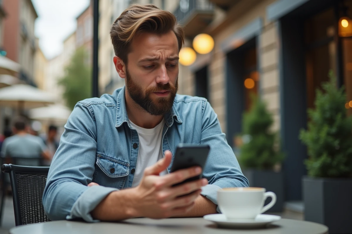 Homme décontracté consultant des avis immobiliers au café