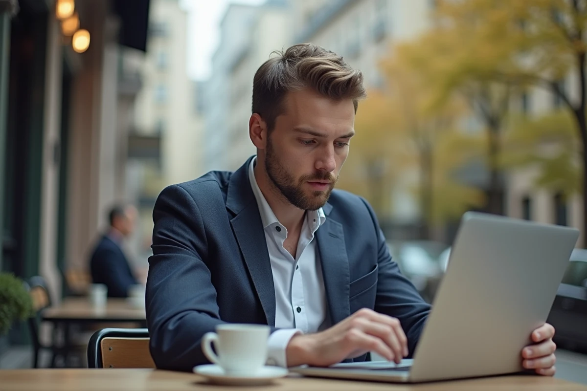 Homme d affaires regardant des graphiques sur son ordinateur au café
