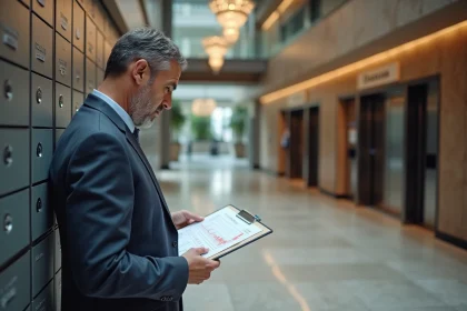 Homme d'affaires étudie un graphique de coûts dans un hall moderne