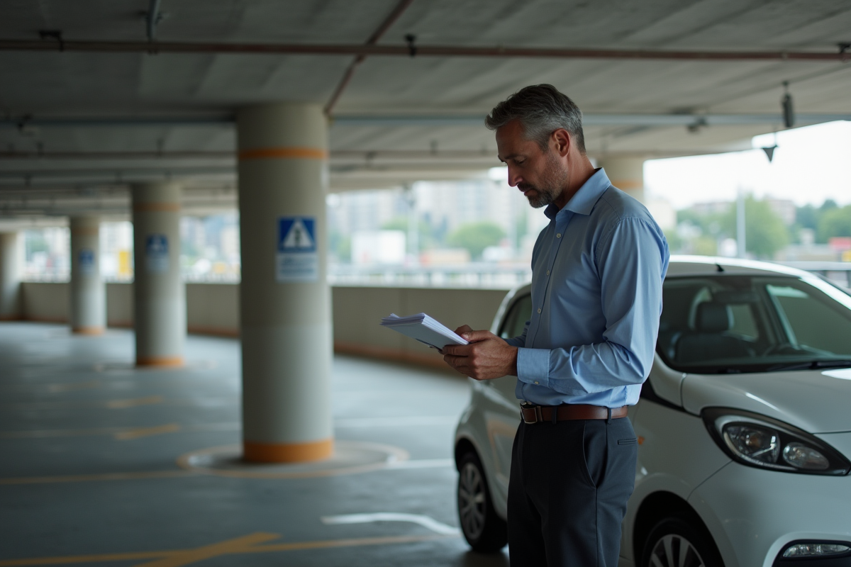 Homme d'affaires étudiant un contrat de location de parking