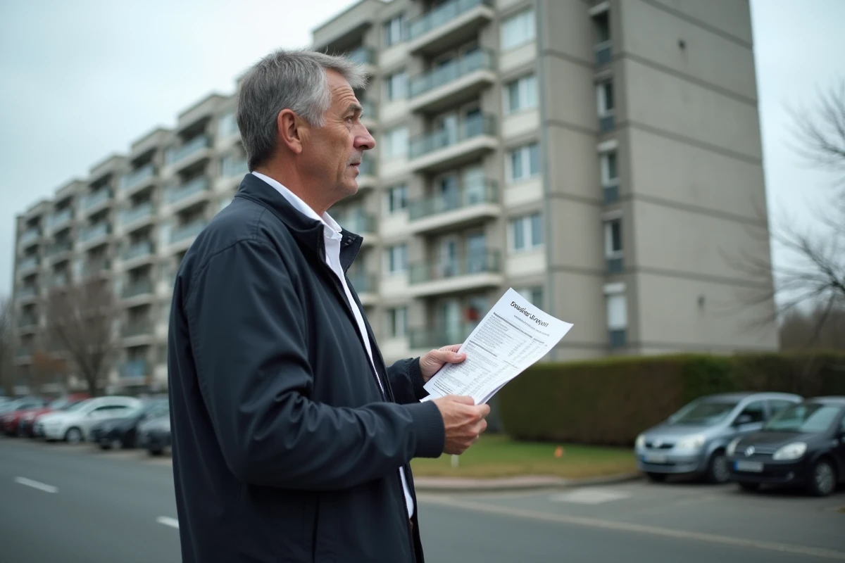 Homme devant un immeuble HLM tenant une liste de logements sociaux disponibles en banlieue