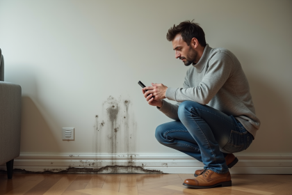 Homme en jeans et pullover documente une infiltration d'eau