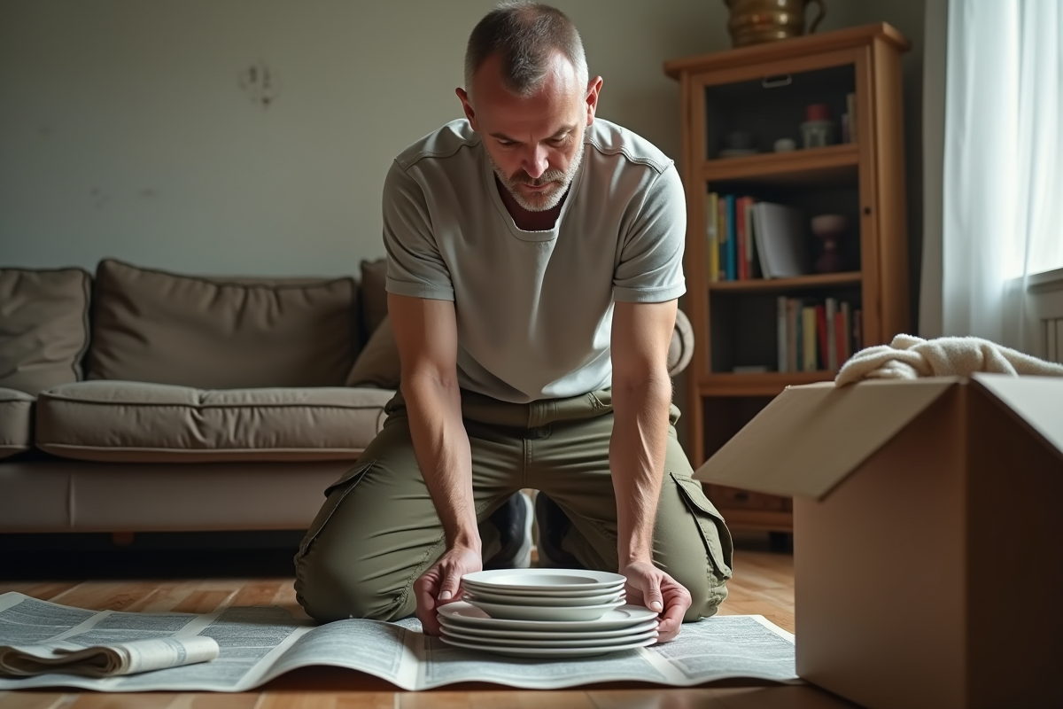 Homme emballant des plats dans une pièce en préparation de déménagement