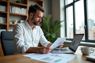 Homme en chemise blanche étudiant des documents de formation rentier immobilier sur un bureau en bois avec un ordinateur portable