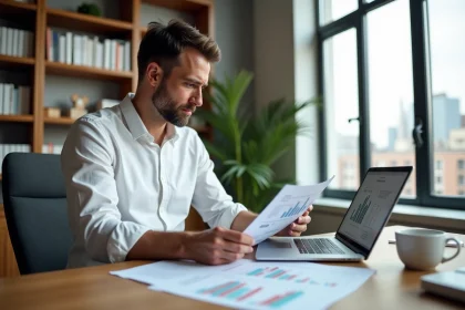 Homme en chemise blanche étudiant des documents de formation rentier immobilier sur un bureau en bois avec un ordinateur portable