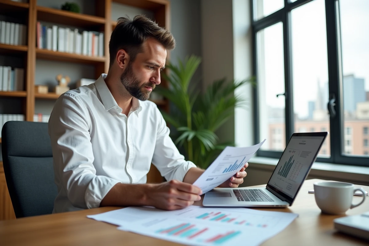 Homme en chemise blanche étudiant des documents de formation rentier immobilier sur un bureau en bois avec un ordinateur portable