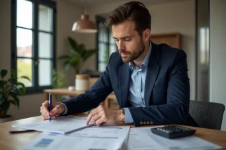 Homme d'une trentaine gérant ses finances à la maison