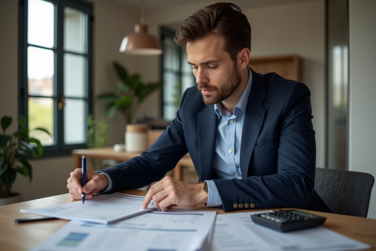 Homme d'une trentaine gérant ses finances à la maison