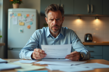 Homme inquiet assis à la table avec papiers et factures de loyer