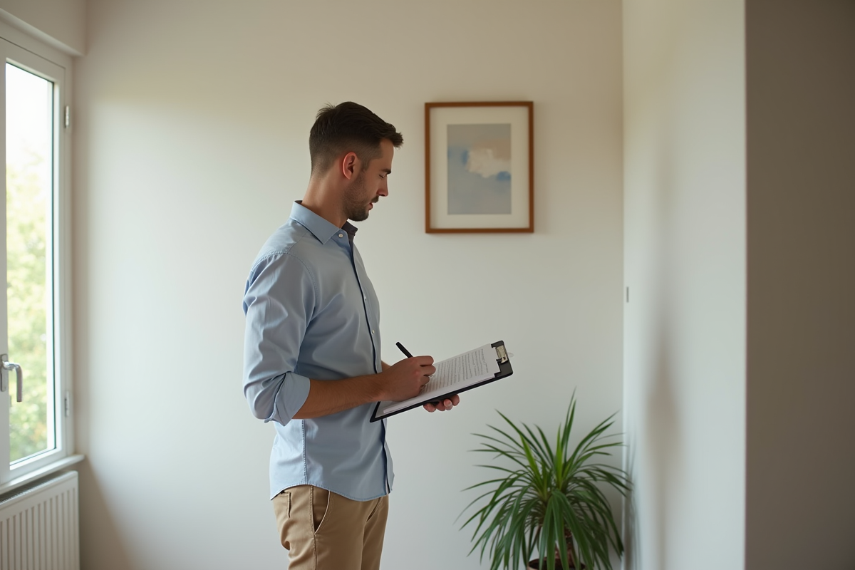 Homme inspectant un mur peint dans un salon
