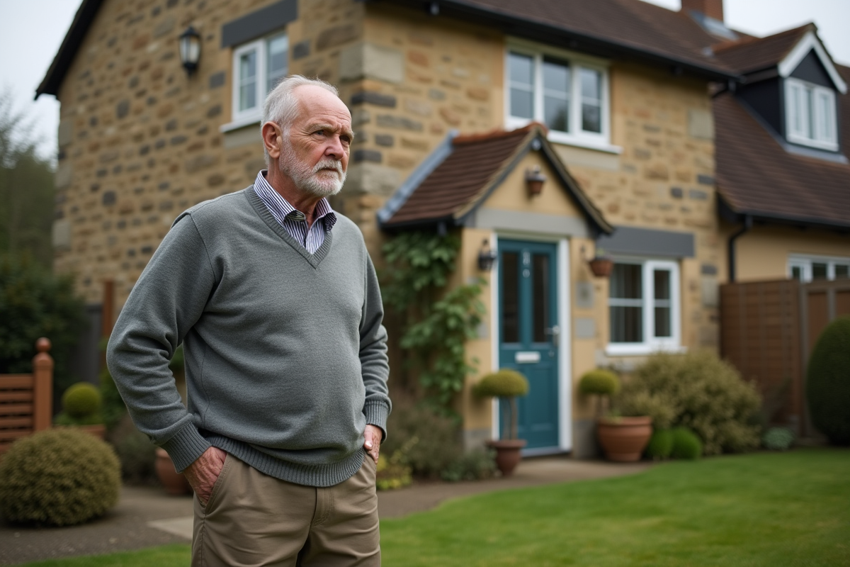 Homme dans son jardin tenant une pancarte a vendre