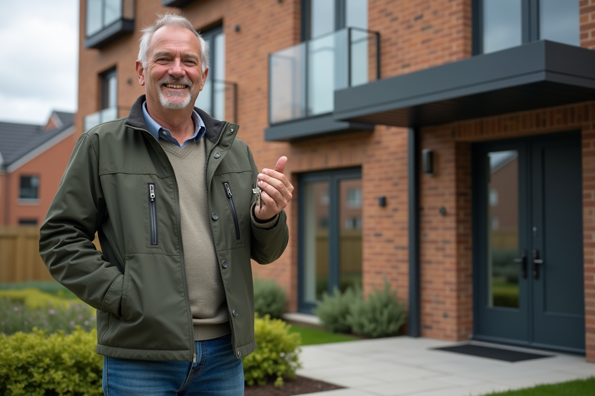 Homme avec clés devant un immeuble résidentiel moderne