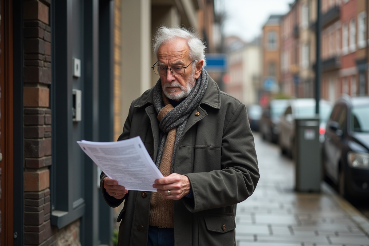 Homme âgé consulte des papiers immobiliers devant un bâtiment