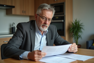 Homme d'âge moyen examinant des documents de location dans une cuisine