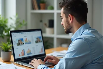 Un homme consultant un logiciel d'estimation immobilière sur ordinateur portable pour fixer le prix de vente de son bien