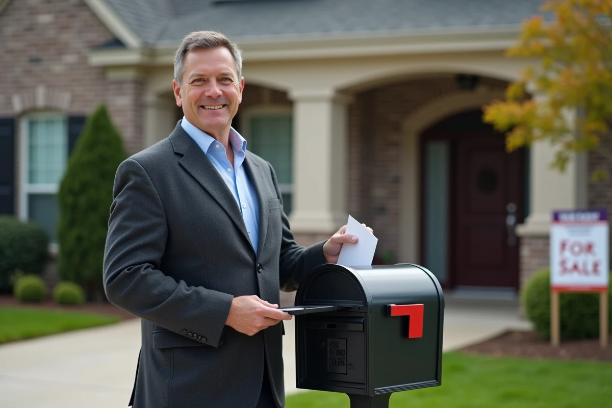 Homme en costume envoyant un courrier devant une maison