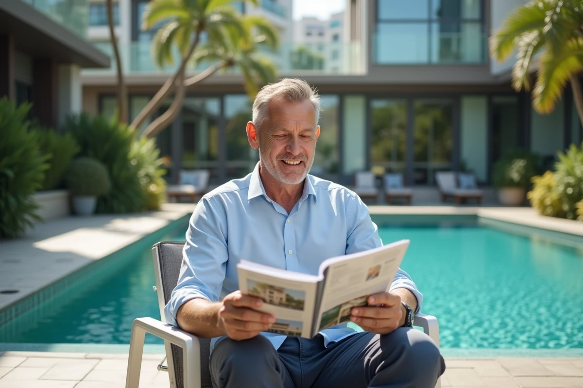 Homme d age en maillot regardant brochures immobilières