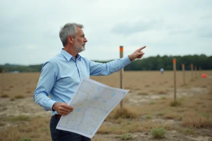 Homme tenant un plan cadastral sur une parcelle vide lors de la recherche du propriétaire pour construction