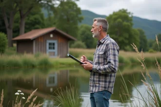 Homme contemplant un étang avec gîte rustique en arrière-plan