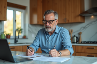 Homme d'âge moyen examinant des documents de prêt immobilier