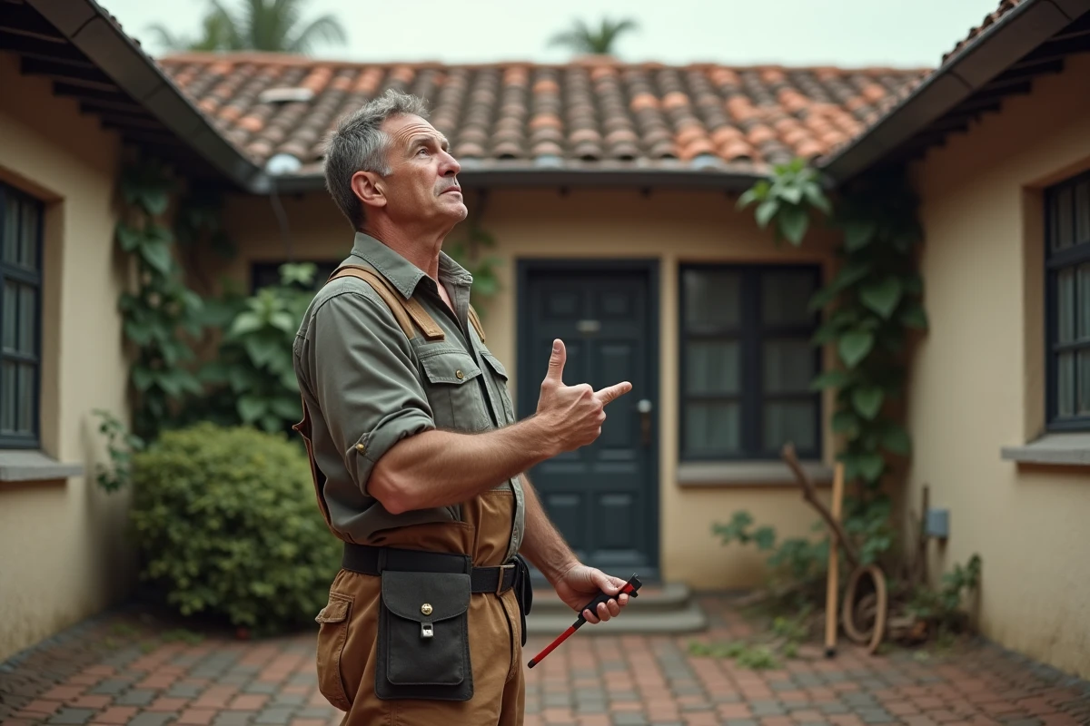 Homme frustré regardant le toit endommagé