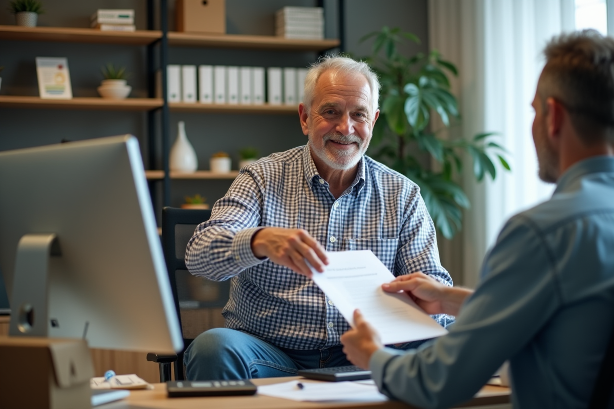 Homme âgé remettant un document signé dans un bureau
