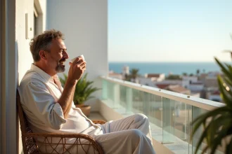 Homme détendu buvant du thé à la menthe sur un balcon à Essaouira