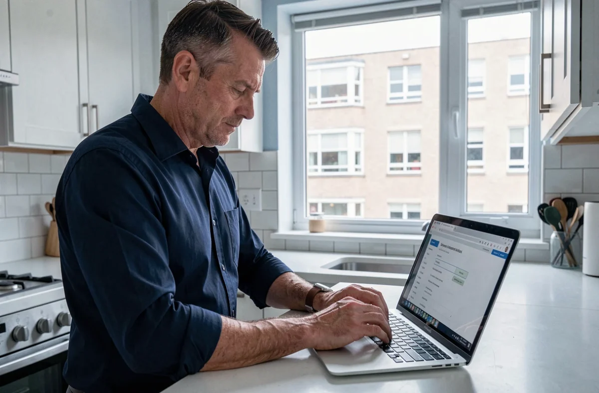 Homme consultant le statut de sa demande de logement social sur un ordinateur portable dans sa cuisine