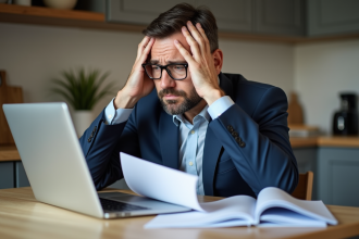 Homme d'affaires stressé examinant des documents immobiliers