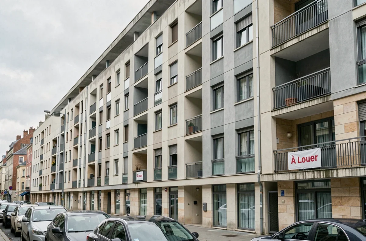 Façade d'immeuble avec appartements vacants et panneau À Louer, contexte d'assurance logement non occupé