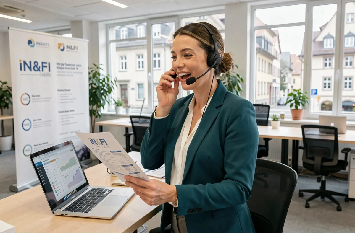 Une conseillère IN&FI Crédits Grand Est gère une consultation de prêt immobilier par téléphone dans un espace de travail moderne et dynamique