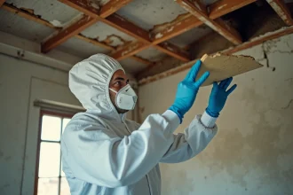 Inspecteur en combinaison de protection blanche examinant un plafond suspect lors d'un diagnostic amiante dans un bâtiment ancien