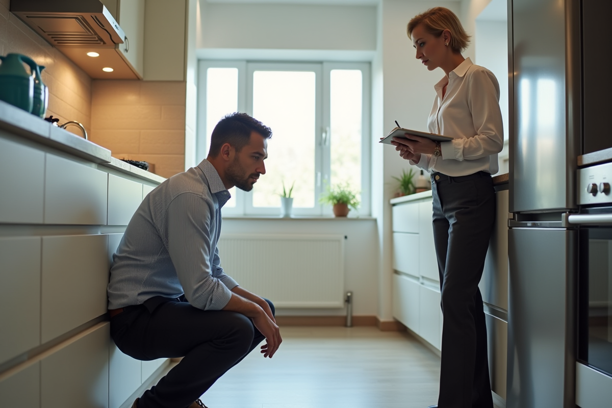 Homme inspectant un meuble de cuisine avec une femme observant