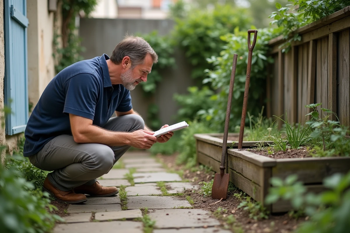Homme inspectant l'état du jardin d'une maison à louer dans le département 27, notant les défauts avant signature du bail