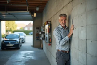 Propriétaire inspectant la paroi mitoyenne du garage entre deux maisons accolées pour évaluer les fissures avant déclaration à l'assurance habitation