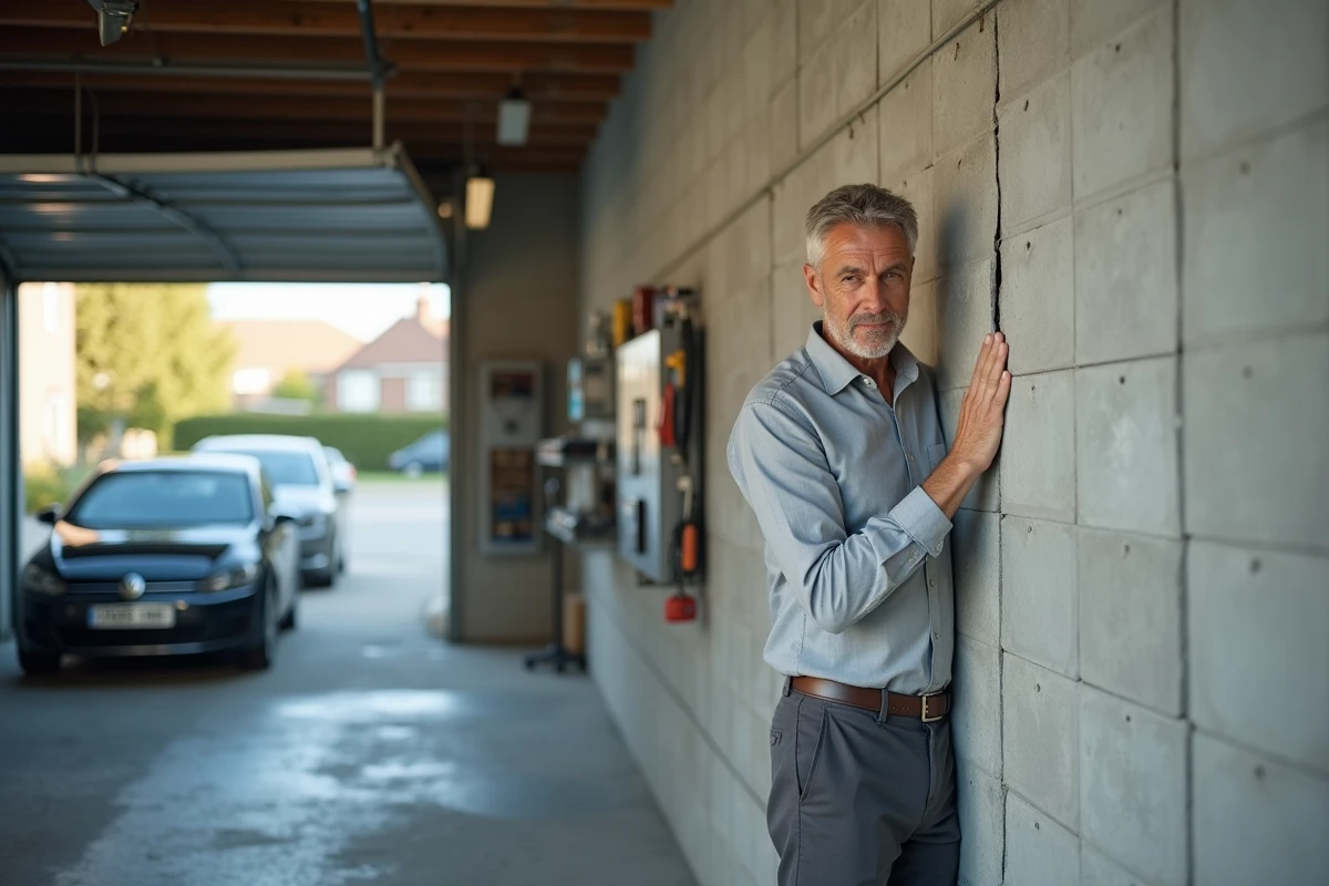 Propriétaire inspectant la paroi mitoyenne du garage entre deux maisons accolées pour évaluer les fissures avant déclaration à l'assurance habitation