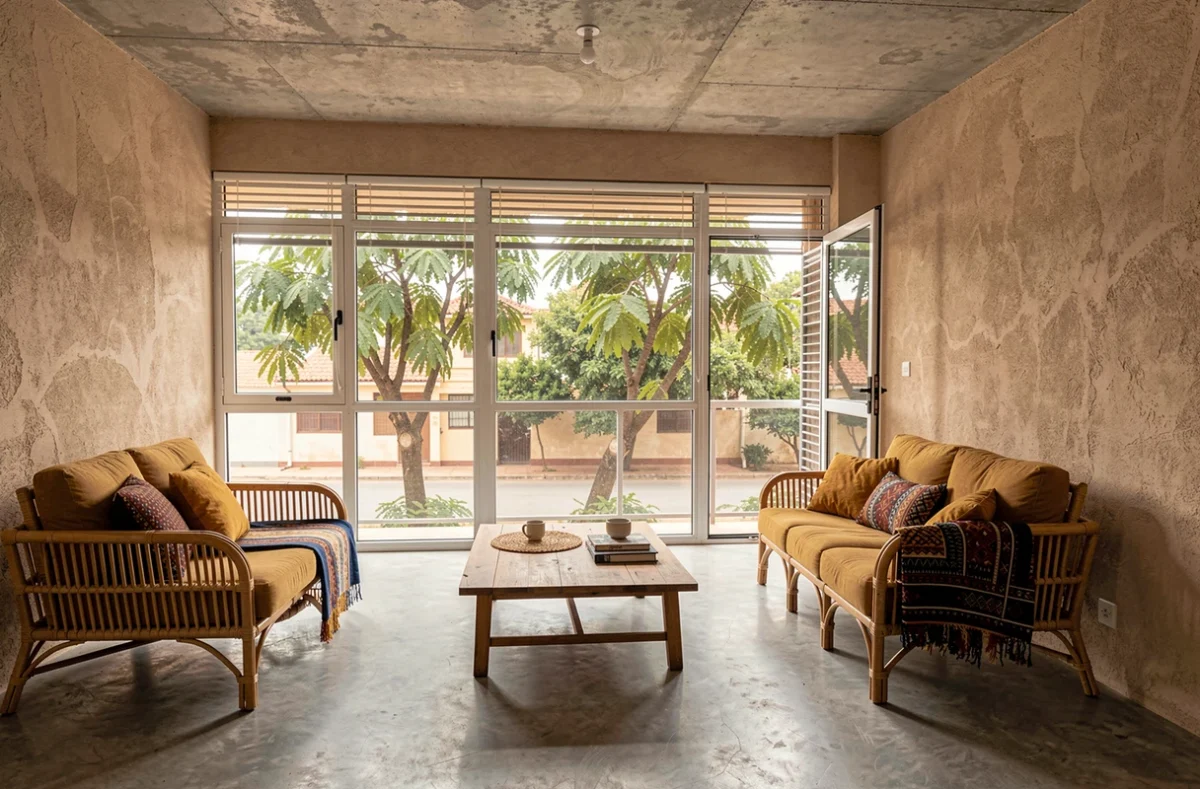 Intérieur d'un appartement moderne à louer dans un quartier calme de Dakar avec vue sur la rue